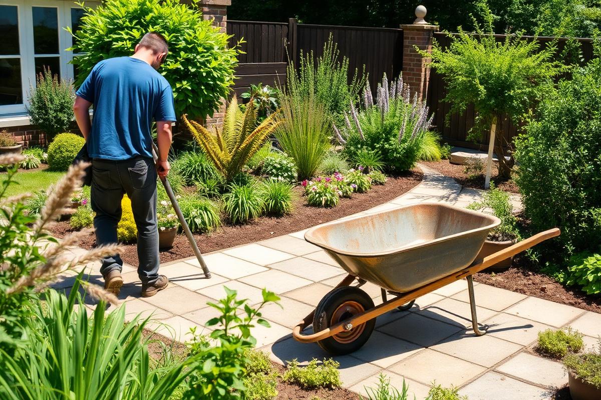 Landschaftsgärtner verlegt Natursteinplatten in einem bepflanzten Garten